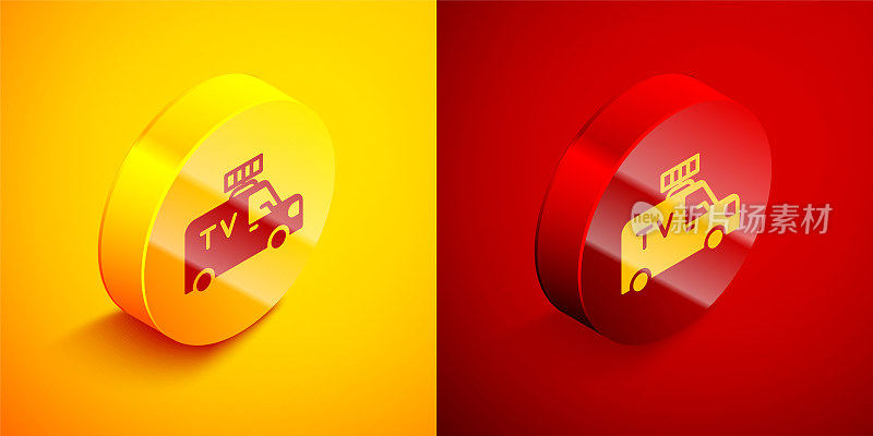 Isometric TV News car with equipment on the roof icon isolated on orange and red background. Circle button. Vector